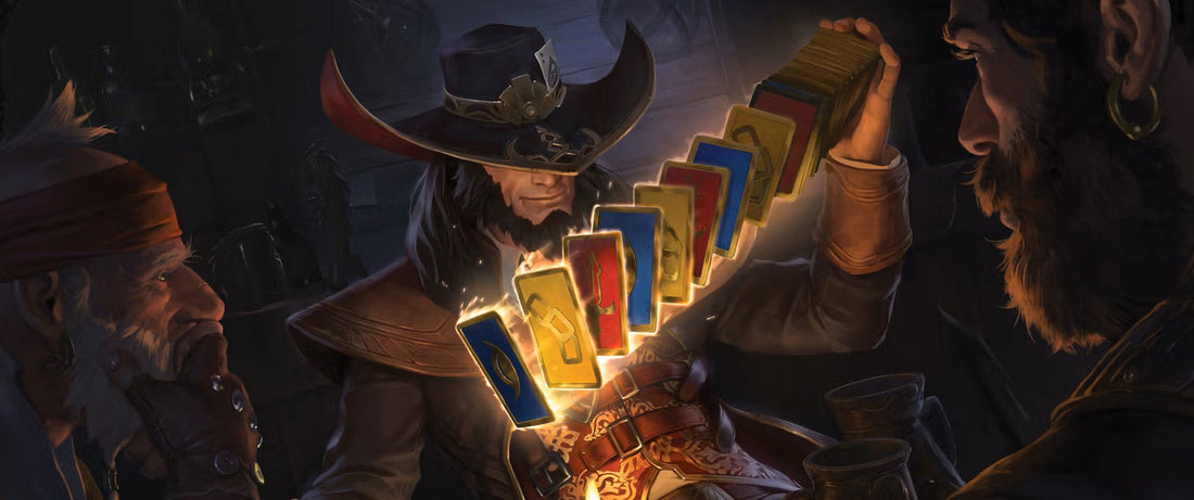 League of Legends poster featuring a man shuffling a deck of cards