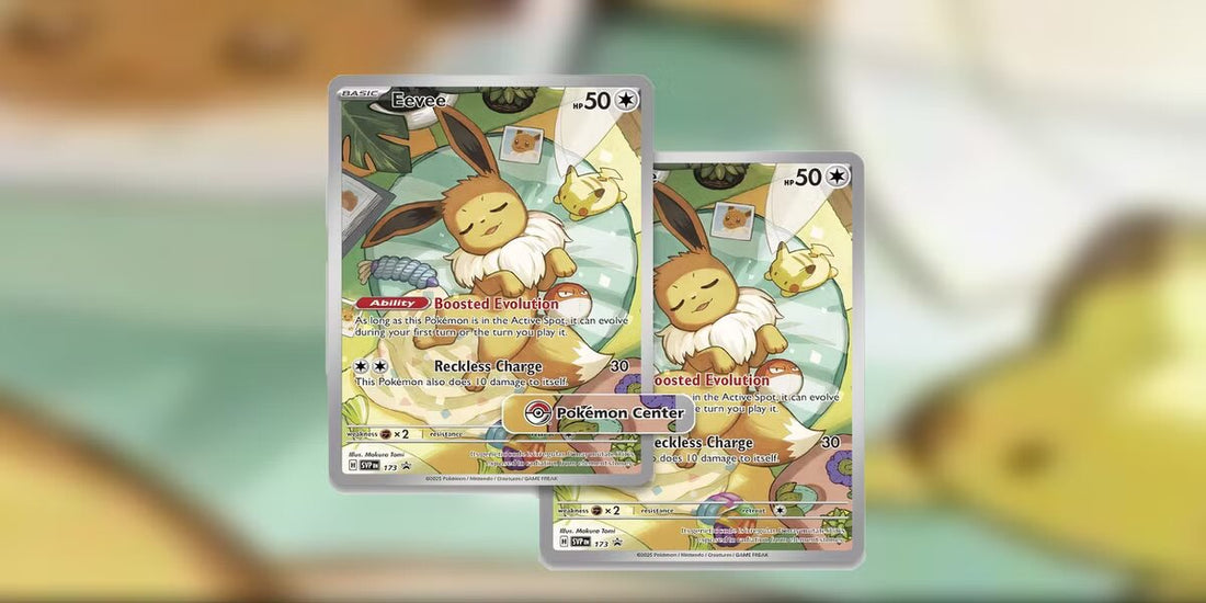 Eevee Pokémon Center stamped promo card #173 from Prismatic Evolutions, featuring exclusive artwork and holographic finish