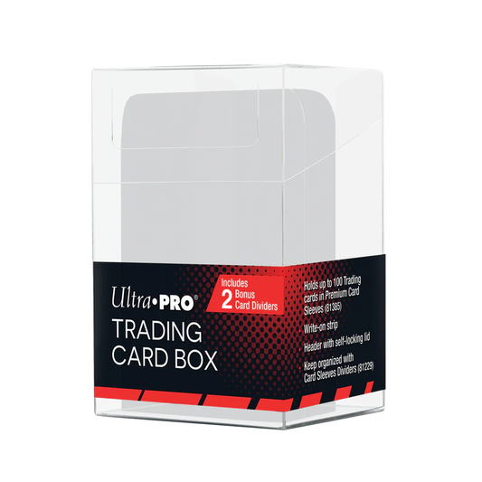 Clear Ultra PRO Trading Card Storage Box with two white card dividers, designed to hold up to 100 sleeved trading cards, displayed on a white background